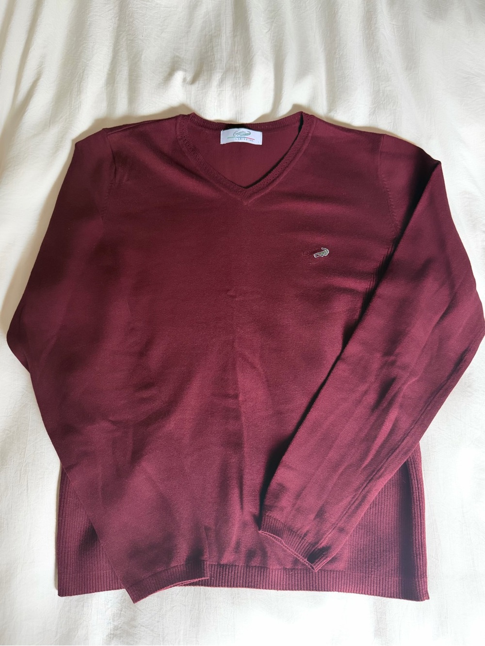 Vintage Lacoste Women's V-Neck Sweater in Burgundy